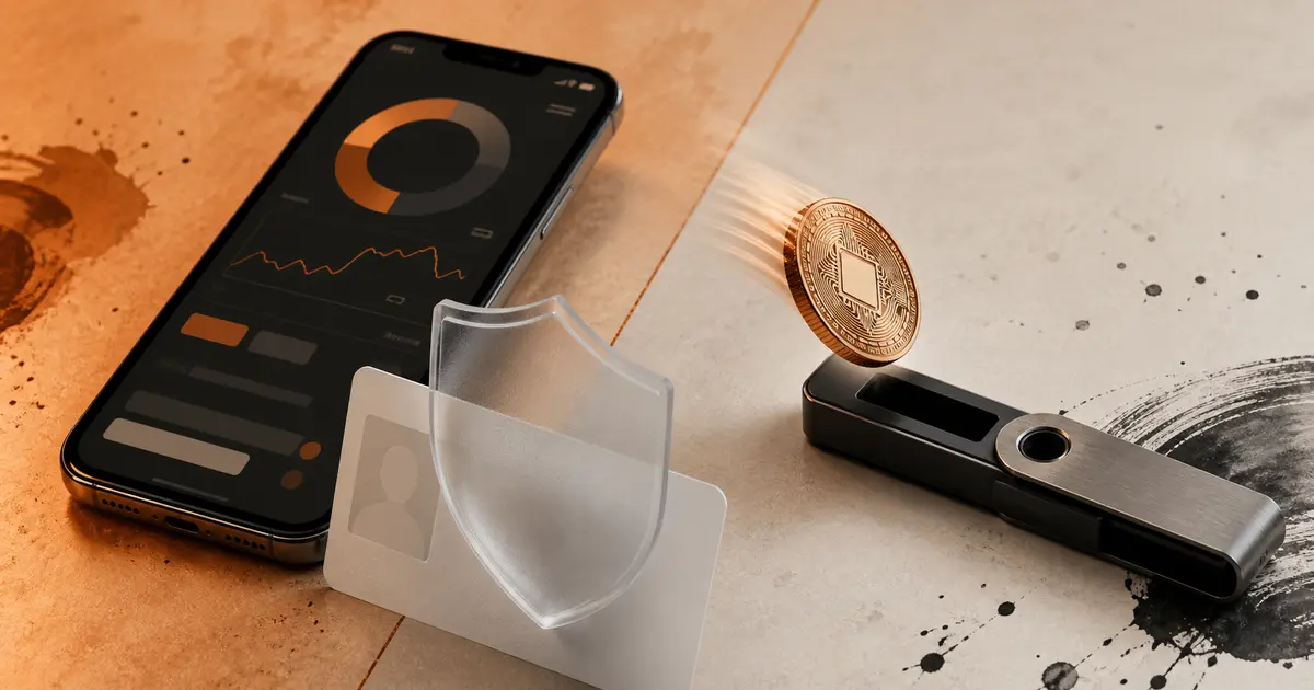 Achat de cryptomonnaies sans KYC illustré par une carte d'identité protégée, un smartphone et un portefeuille physique