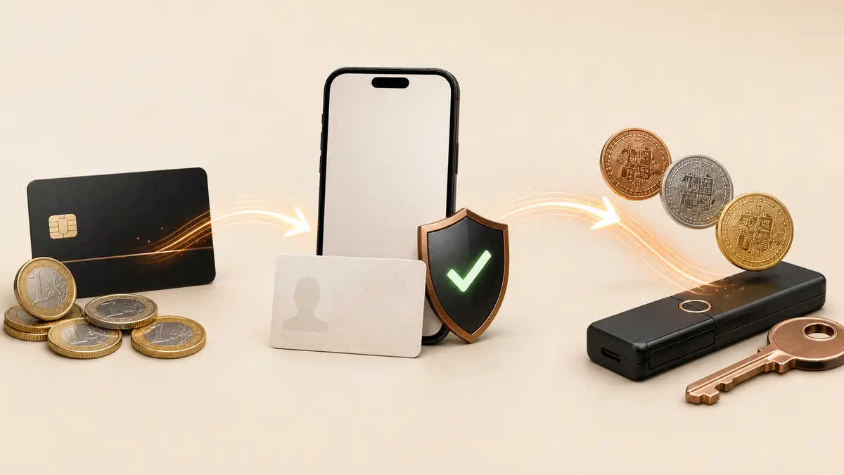 Parcours d'achat de cryptomonnaies avec vérification d'identité puis retrait vers un wallet personnel