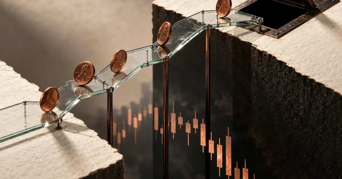 Penny stocks représentées par de petites pièces avançant sur un graphique fragile au-dessus d'un piège de marché