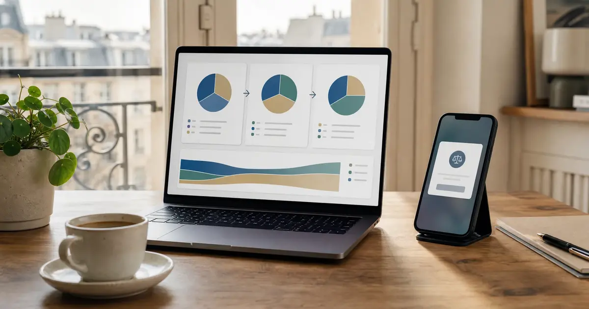 Un investisseur rééquilibre son portefeuille d'assurance-vie multisupport sur son ordinateur, avec un dashboard de répartition d'actifs affichant différentes classes d'investissement