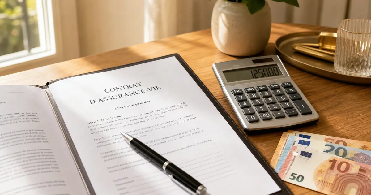 Calculette posée sur un contrat d'assurance-vie avec des billets de banque en arrière-plan, illustrant le calcul de la fiscalité d'un rachat partiel