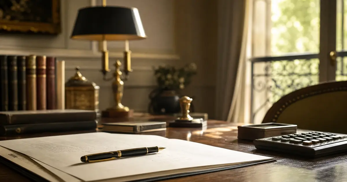 Document notarié avec stylo plume et calculatrice, symbolisant la transmission patrimoniale via l'assurance-vie