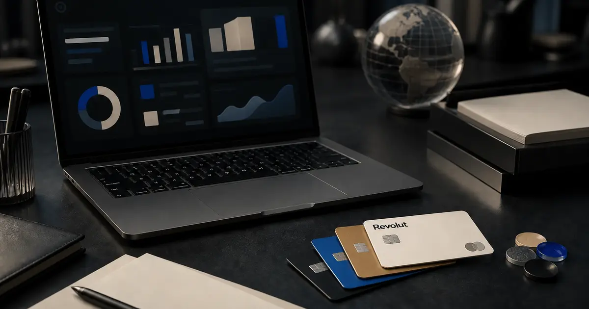 Revolut Business sur un bureau professionnel, avec cartes et tableau de bord multidevises