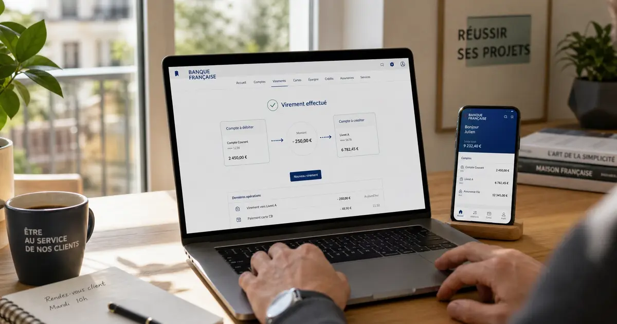 Un espace de travail moderne avec un ordinateur portable affichant une interface bancaire de transfert de compte, un smartphone avec une application bancaire, et une tasse de café, illustrant la simplicité du changement de banque en 2026
