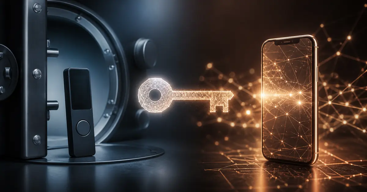 Cold wallet dans un coffre face à un hot wallet connecté pour comparer la sécurité des cryptomonnaies