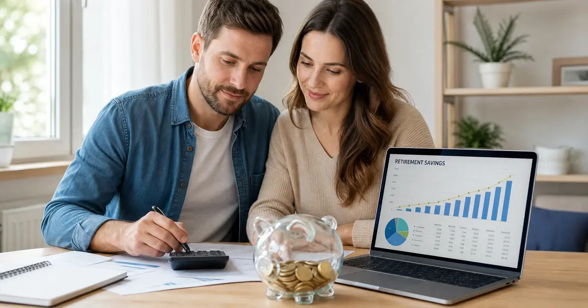 Construire son épargne retraite en 2026 : un couple examine son plan d'épargne retraite sur un écran, documents financiers et calculatrice posés sur un bureau en bois clair, ambiance sereine