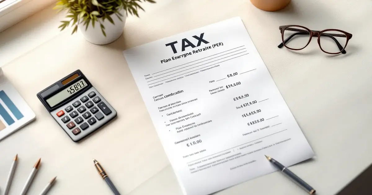 Plan Épargne Retraite et feuille de déclaration fiscale avec calculs de déduction, stylo et calculette sur fond crème