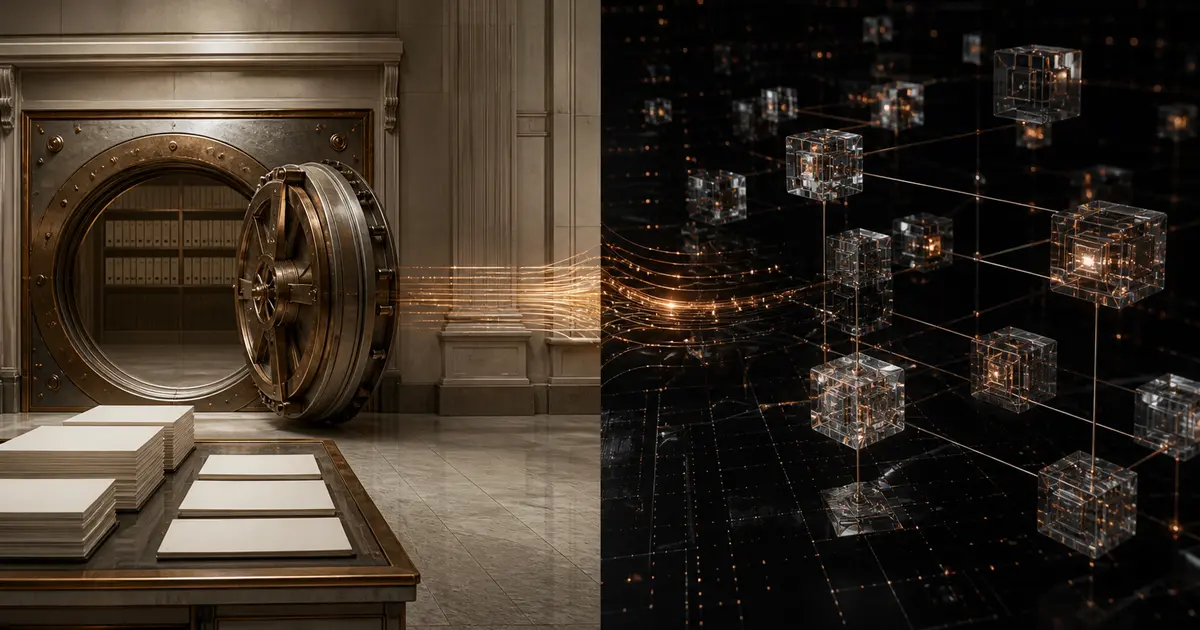 Comparaison DeFi vs TradFi entre un coffre bancaire et un réseau blockchain interconnecté