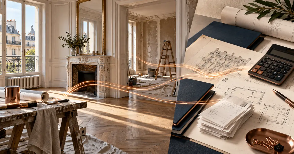 Appartement ancien en rénovation avec factures illustrant les travaux déductibles du déficit foncier