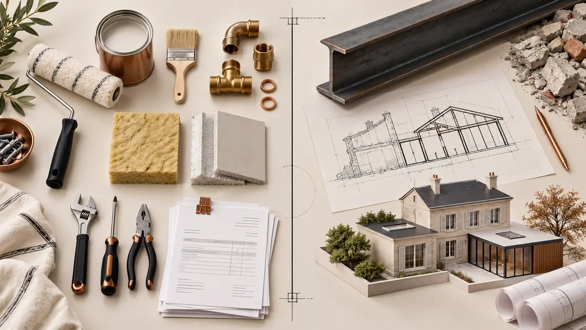 Comparaison visuelle entre réparations déductibles et reconstruction non déductible pour un logement loué