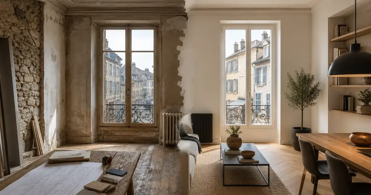 Rénovation d'un appartement ancien avant et après travaux dans le cadre du dispositif Denormandie 2026