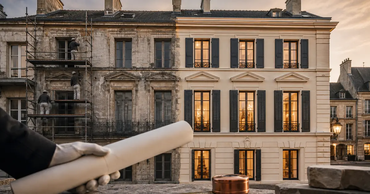 Loi Malraux 2026 illustrée par la restauration d'un immeuble ancien dans un site patrimonial remarquable