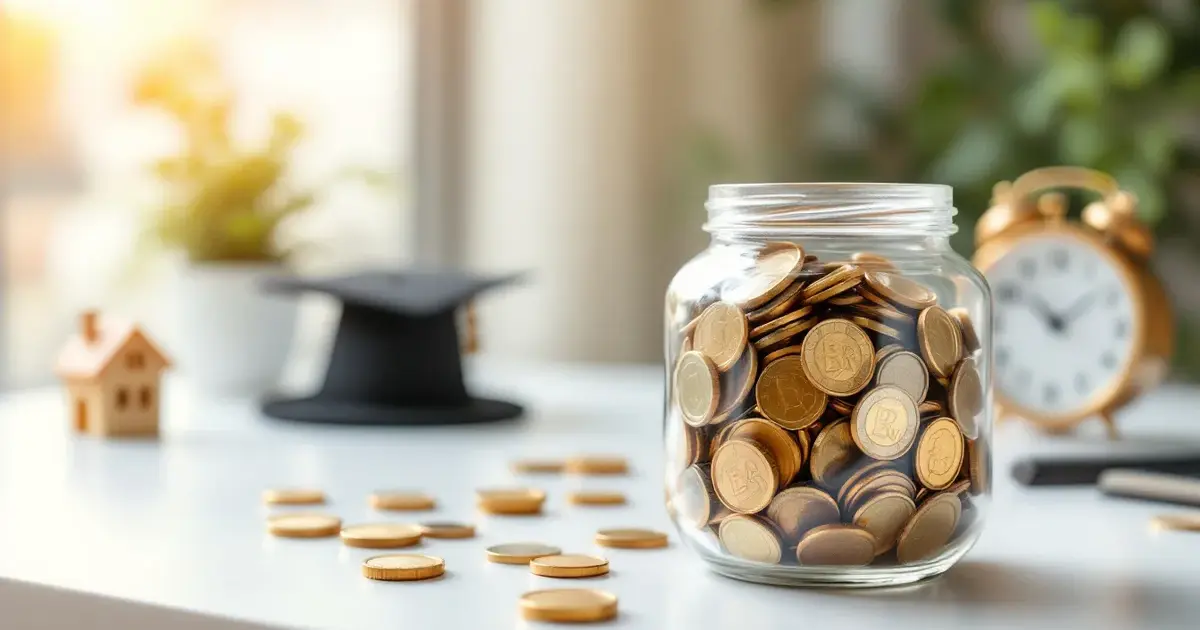 Illustration de l'épargne salariale avec des pièces d'épargne et des supports d'investissement : PEE, PER, participation et intéressement