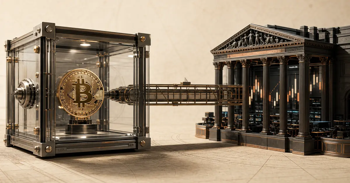 ETF Bitcoin spot représenté par un bitcoin conservé dans un coffre transparent relié à une place boursière