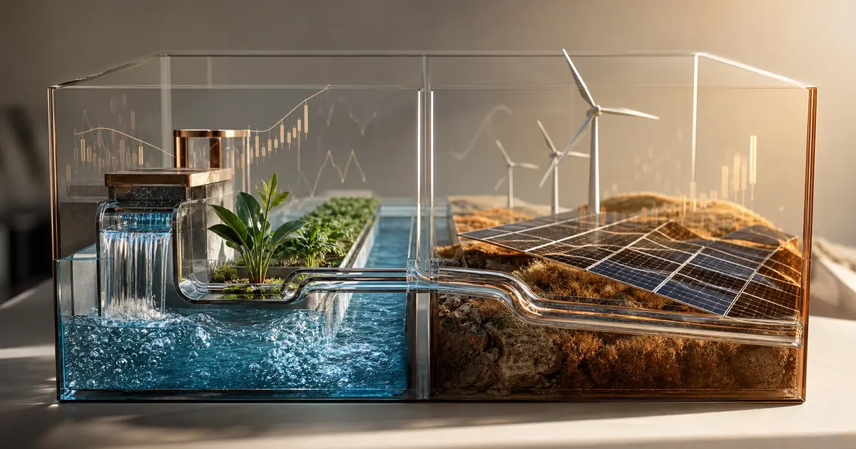 ETF eau et énergies renouvelables représenté par des réseaux hydrauliques, des panneaux solaires et des éoliennes