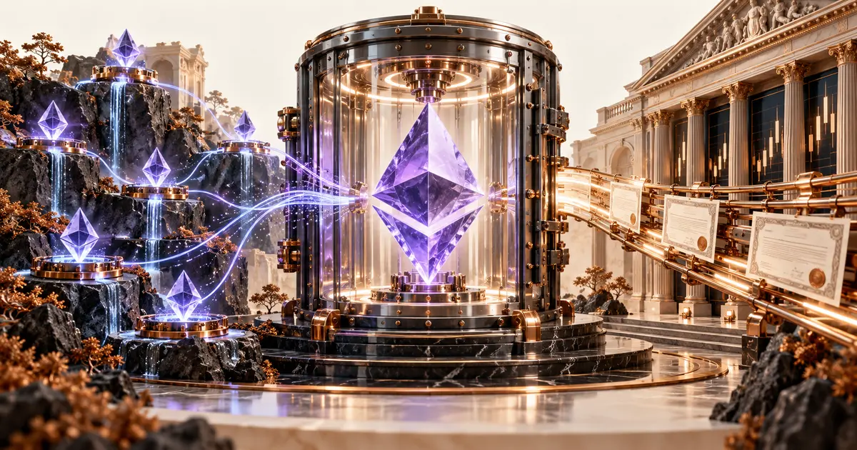 ETF Ethereum spot représenté par un cristal violet conservé dans un coffre relié à une Bourse et à des validateurs