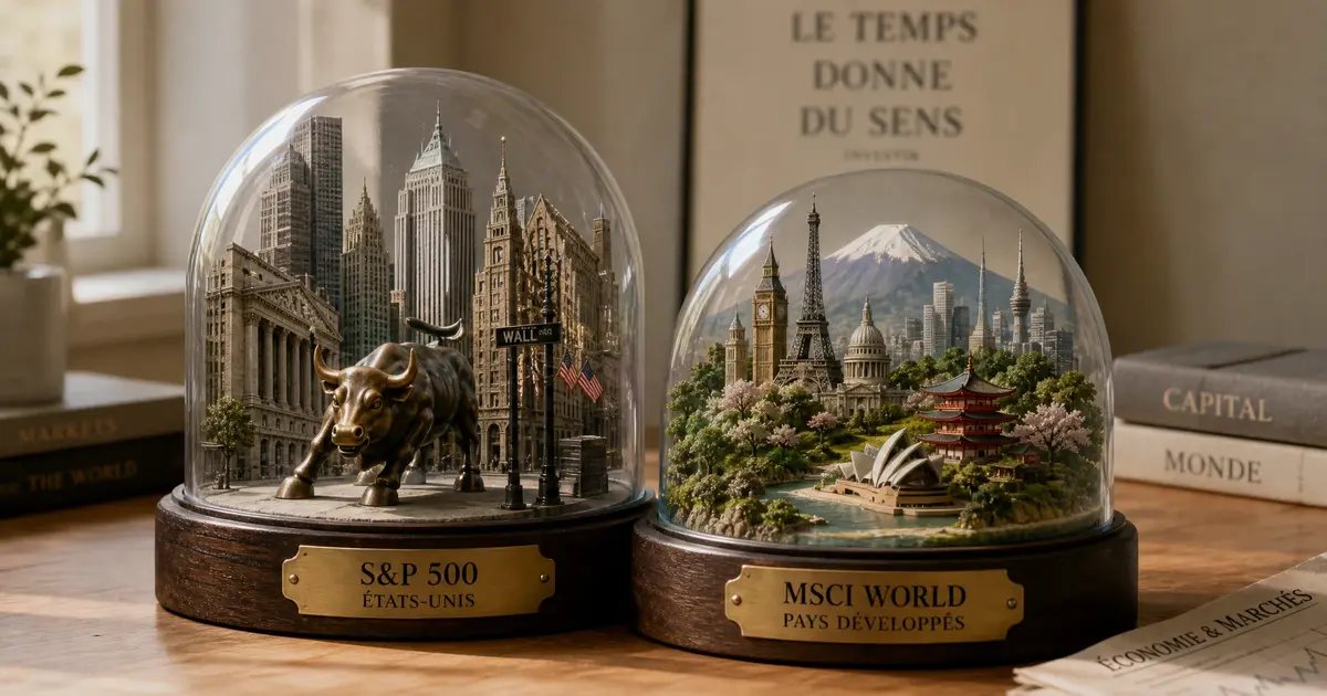 Comparaison visuelle entre un ETF S&P 500 et un ETF MSCI World, deux globes côte à côte illustrant la couverture États-Unis versus monde développé