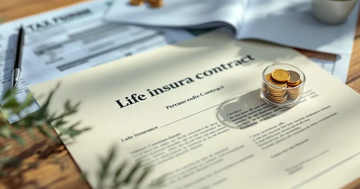 Contrats d'assurance-vie, pièces de monnaie et documents fiscaux sur un bureau en bois, illustrant la fiscalité de l'assurance-vie en France