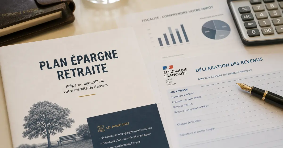 Documents fiscaux et calculette posés sur un contrat PER, illustrant la fiscalité du Plan Épargne Retraite en 2026 sur fond crème