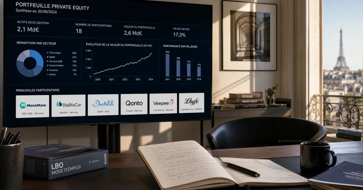 Graphique de performance de fonds de capital investissement sur un écran d'ordinateur dans un bureau moderne, illustrant le marché français du private equity
