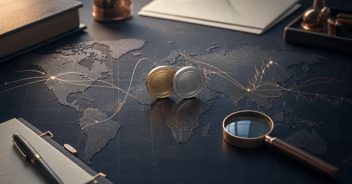 Marché mondial des devises illustrant le Forex pour débutant avec une carte et des pièces métalliques