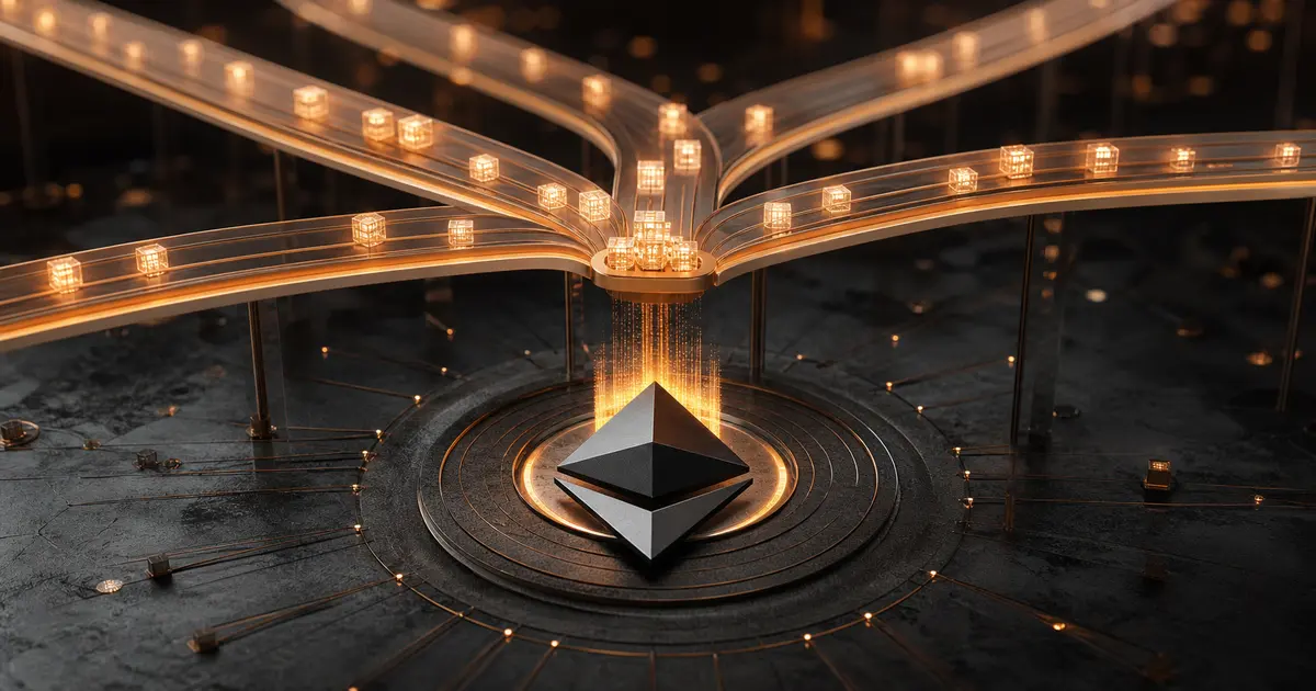 Réseaux Layer 2 Ethereum représentés par des voies lumineuses regroupant des transactions au-dessus d'une couche de règlement sécurisée