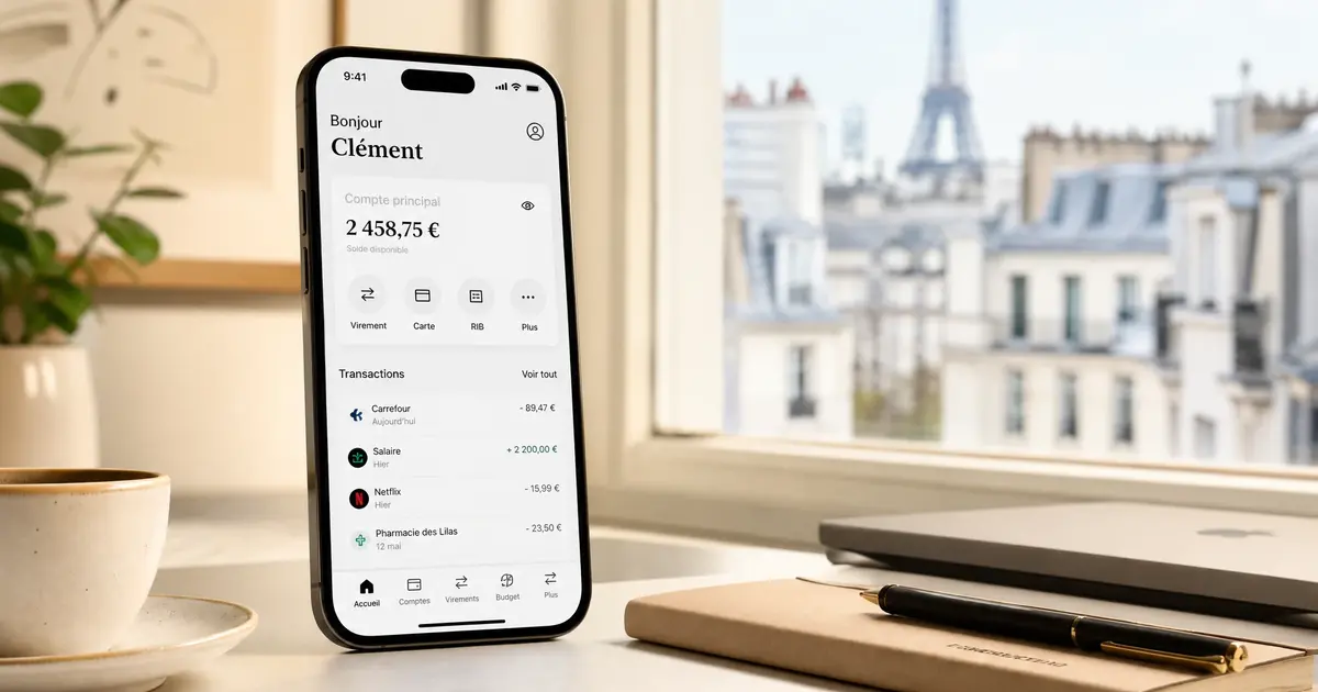 Smartphone affichant une application bancaire française sur un bureau clair, avec un ordinateur portable en arrière-plan et vue sur les toits de Paris