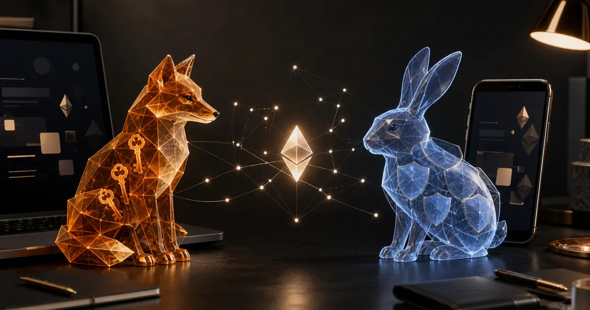 MetaMask vs Rabby Wallet illustrés par un renard et un lapin numériques autour d'un portefeuille crypto sécurisé