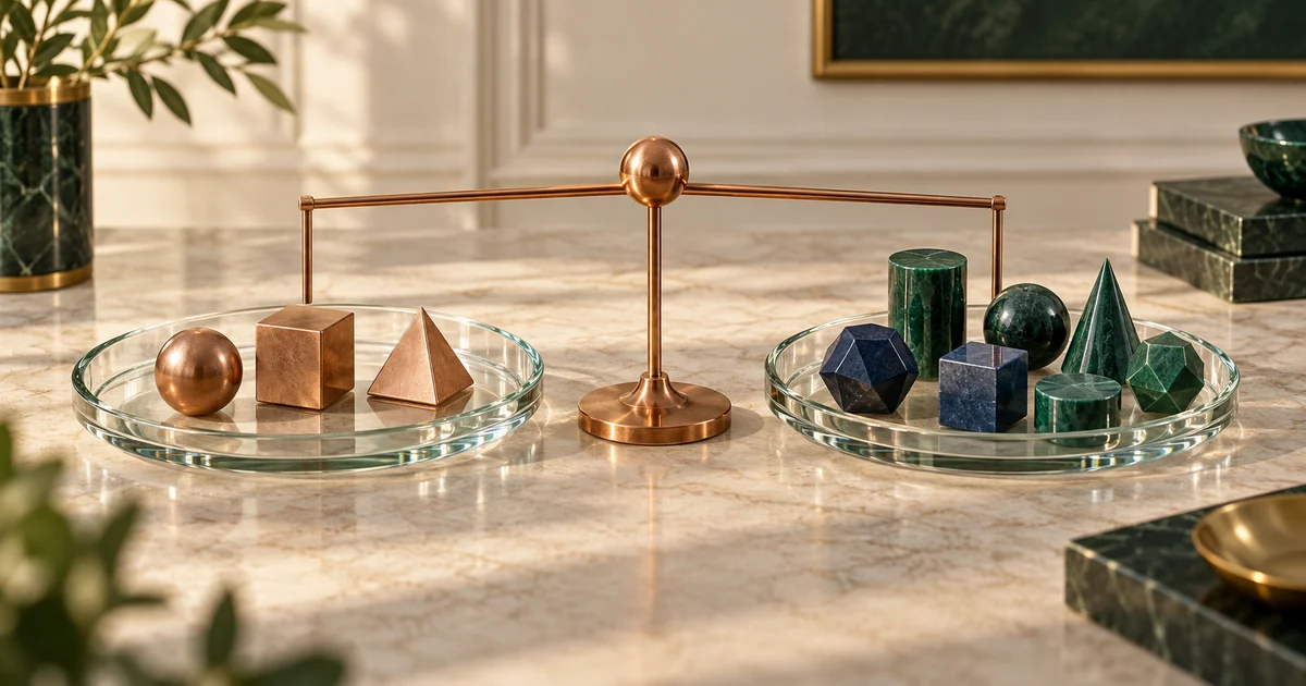 Illustration de deux plateaux de verre, l’un avec quelques formes cuivrées, l’autre avec un ensemble de formes vertes et bleues.