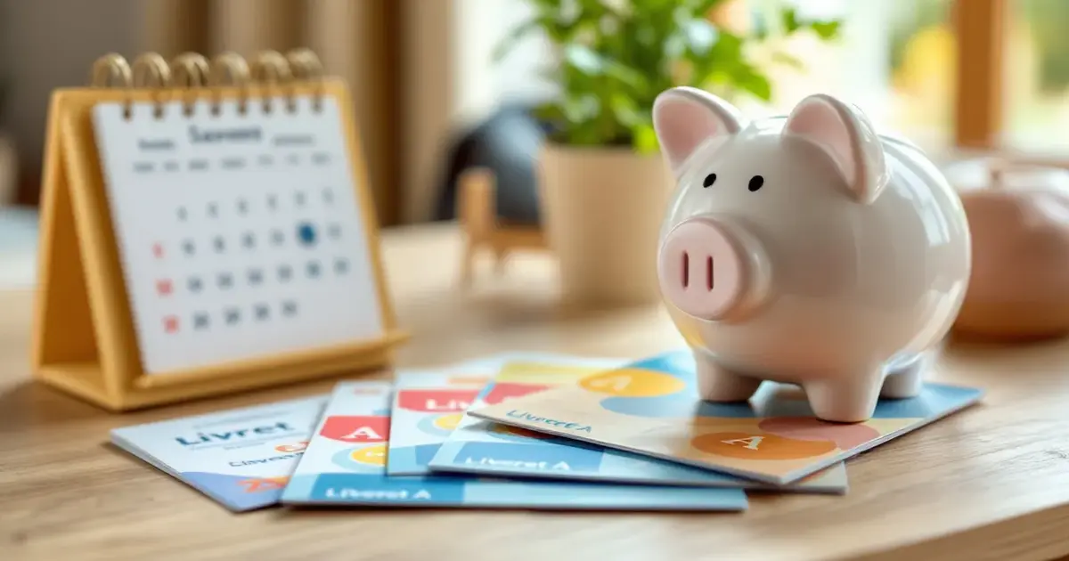 Tirelire et calendrier illustrant l'épargne de court terme, avec des livrets d'épargne et un fonds euros en arrière-plan