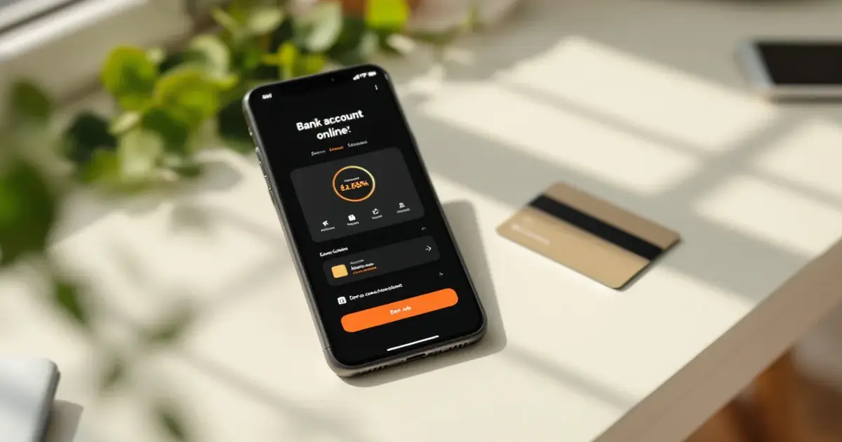 Un smartphone affichant une application bancaire avec un formulaire d'ouverture de compte et une carte bancaire posée à côté, sur un fond clair, illustrant l'ouverture d'un compte bancaire en ligne en 2026