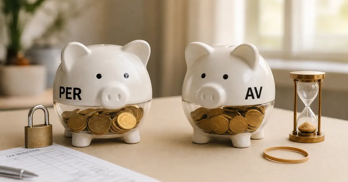 Comparaison PER et assurance-vie : deux tirelires côte à côte, l'une étiquetée PER avec un cadenas fiscal, l'autre assurance-vie avec un sablier de 8 ans, fond crème papier