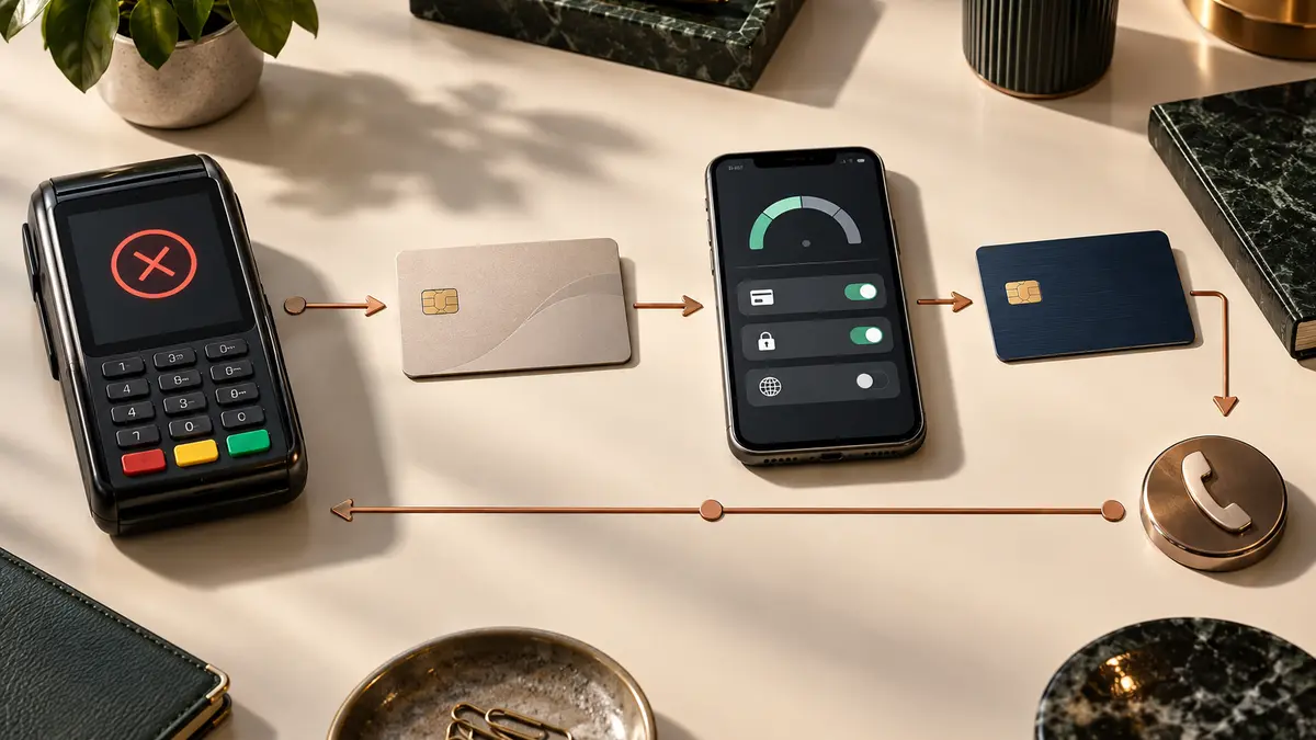 Diagnostic après une carte bancaire refusée avec application, terminal et moyen de paiement de secours
