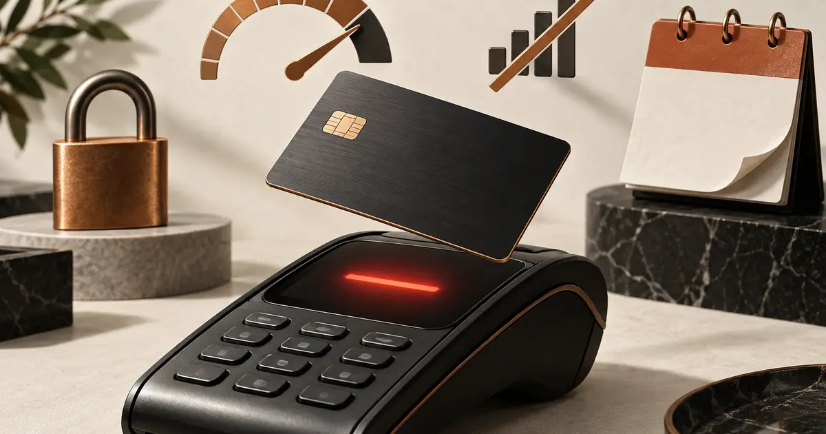 Carte bancaire refusée au-dessus d'un terminal de paiement entouré des causes possibles