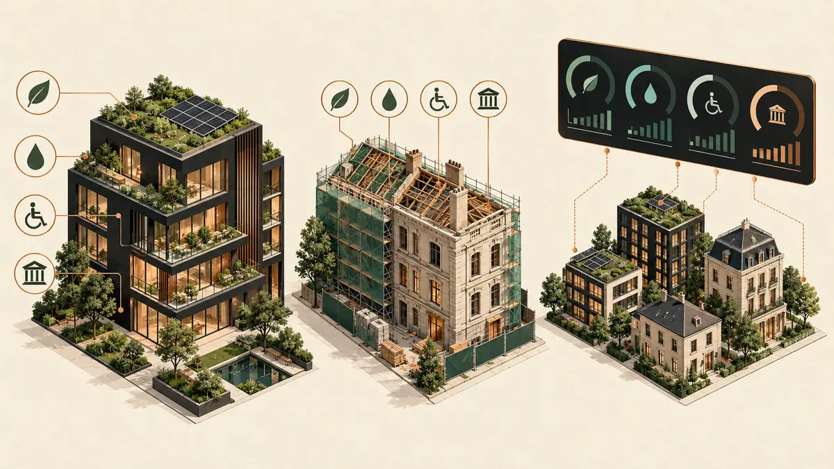 Comparaison entre immeuble déjà performant, bâtiment en rénovation et portefeuille ISR mixte