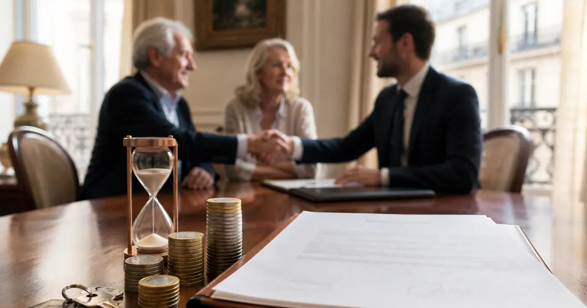 Investissement viager représenté par des clés, un sablier et des pièces devant un acte immobilier